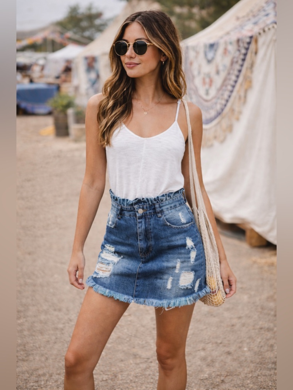 Hayden LA Paperbag Waist Distressed Denim Mini Skirt Size L Boho Festival - Picture 1 of 13